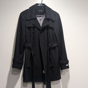 Black Calvin Klein Women's double-breasted belted peacoat. Size XL.